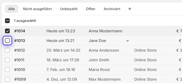 Bestellungen auswählen