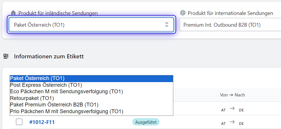 Versandprodukt auswählen